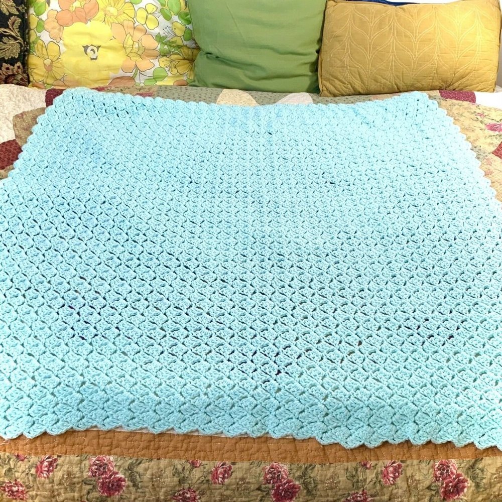 Vintage Handmade Light Blue Teal Afghan Baby Blanket 52” x 34”